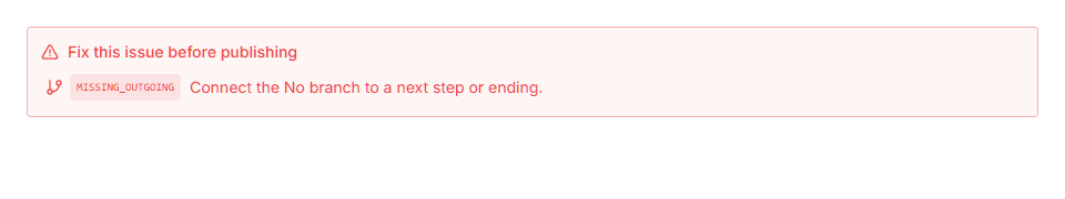 The builder validation banner identifies a missing connection before publication.